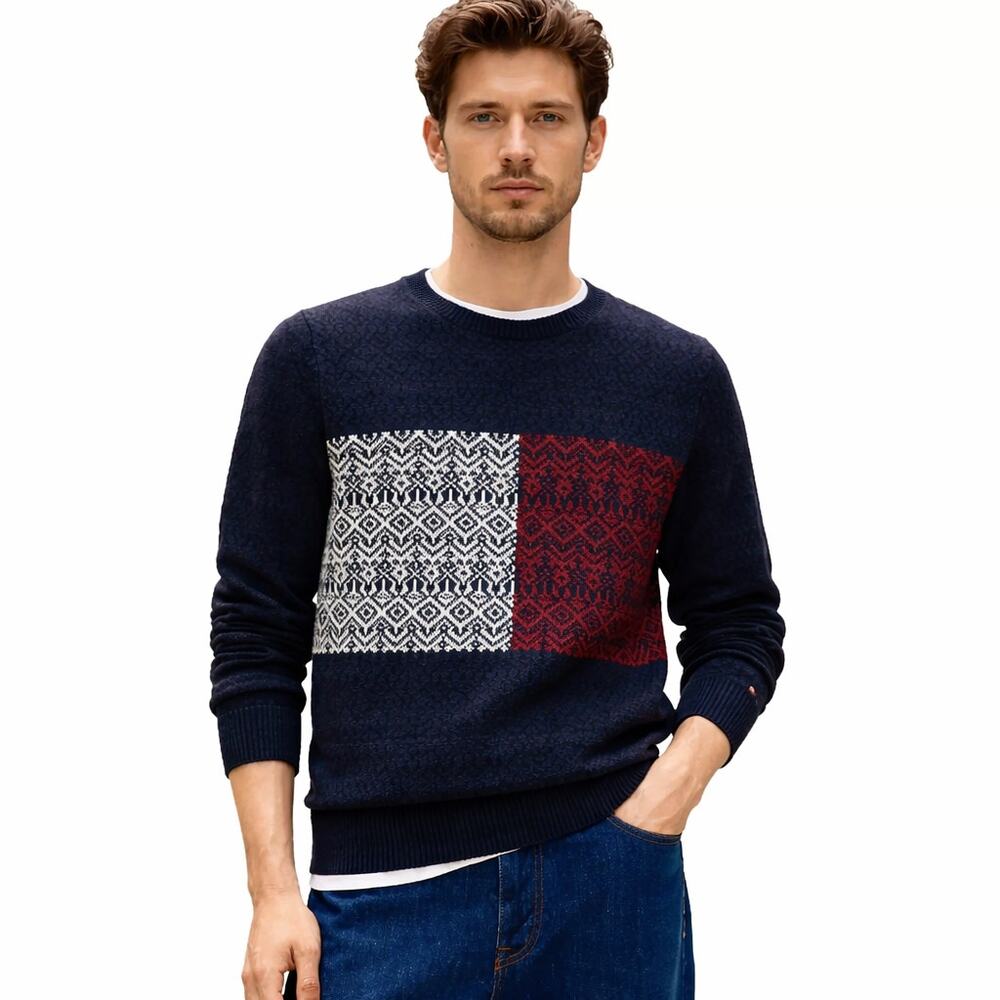 Tommy Hilfiger Fair Isle Cotton Knit Pullover Sweater Men's S Blue NWOT
